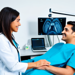 A professional female dentist in a modest medical uniform, fully clothed, appropriate attire, demonstrating advanced digital dental imaging technology to a diverse, fully clothed patient in a modern, brightly lit dental clinic. The scene highlights AI-assisted diagnostics and high-tech equipment, with clear, natural lighting. Perfect anatomy, correct proportions, natural pose, well-formed hands, proper finger count, natural body proportions, professional photography, high quality, safe for work, appropriate content, family-friendly.