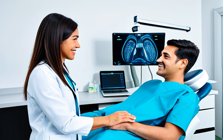 A professional female dentist in a modest medical uniform, fully clothed, appropriate attire, demonstrating advanced digital dental imaging technology to a diverse, fully clothed patient in a modern, brightly lit dental clinic. The scene highlights AI-assisted diagnostics and high-tech equipment, with clear, natural lighting. Perfect anatomy, correct proportions, natural pose, well-formed hands, proper finger count, natural body proportions, professional photography, high quality, safe for work, appropriate content, family-friendly.