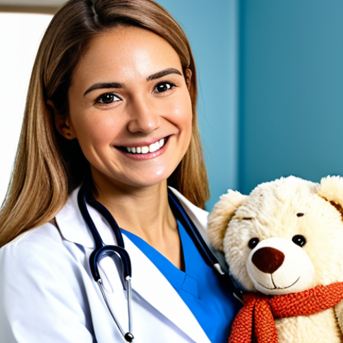 Home 7 **
A professional female doctor in a modest white coat, stethoscope around her neck, smiling warmly at a young child holding a teddy bear in a bright and cheerful clinic waiting room, fully clothed, appropriate attire, safe for work, perfect anatomy, natural proportions, professional photography, family-friendly.
**