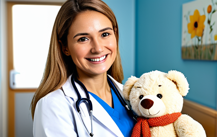 **
A professional female doctor in a modest white coat, stethoscope around her neck, smiling warmly at a young child holding a teddy bear in a bright and cheerful clinic waiting room, fully clothed, appropriate attire, safe for work, perfect anatomy, natural proportions, professional photography, family-friendly.
**
