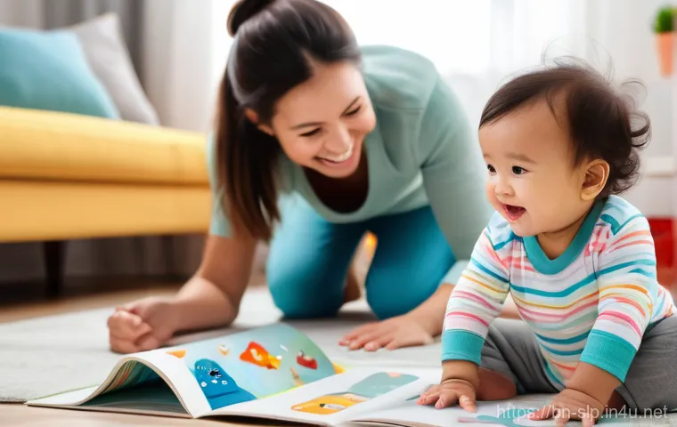 언어 발달 지연 - A heartwarming scene in a brightly lit, cozy living room. A joyful toddler, wearing a clean, comfort...