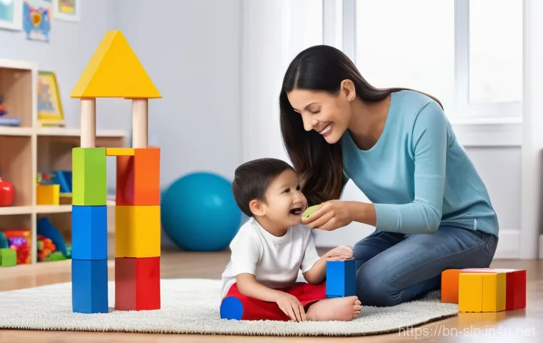 언어 발달 지연 - A compassionate and vibrant image inside a welcoming, child-friendly speech therapy room. A kind, pr...