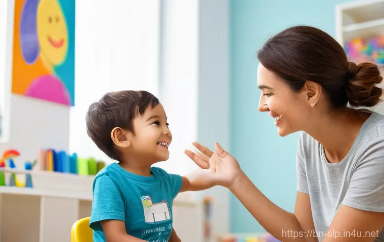 언어치료사로서의 직무 - **Prompt 1: A Child's First Words with a Speech Therapist**
    "A heartwarming scene featuring a yo...