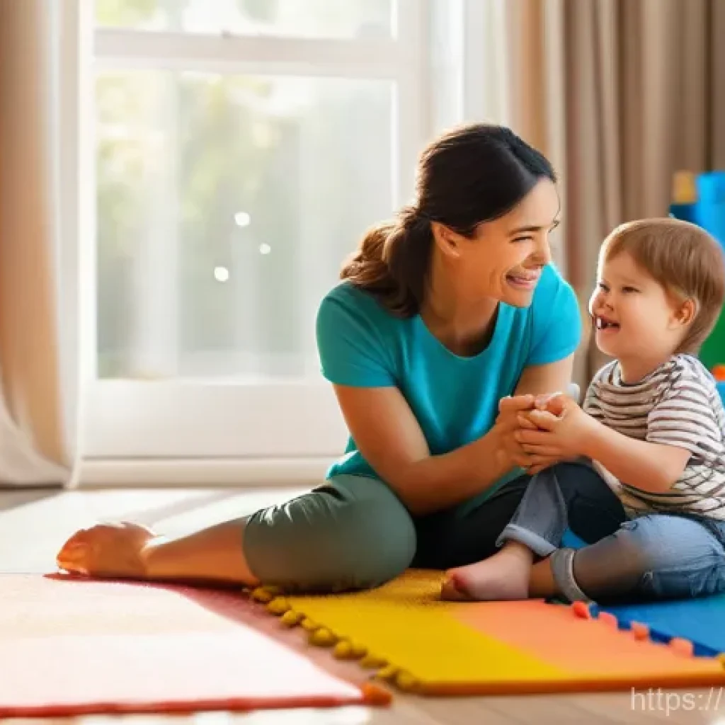 어린이의 구술 발달 - **Prompt 1: Joyful Interactive Playtime**
    A bright, warm indoor scene featuring a mother and her...