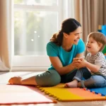 어린이의 구술 발달 - **Prompt 1: Joyful Interactive Playtime**
    A bright, warm indoor scene featuring a mother and her...