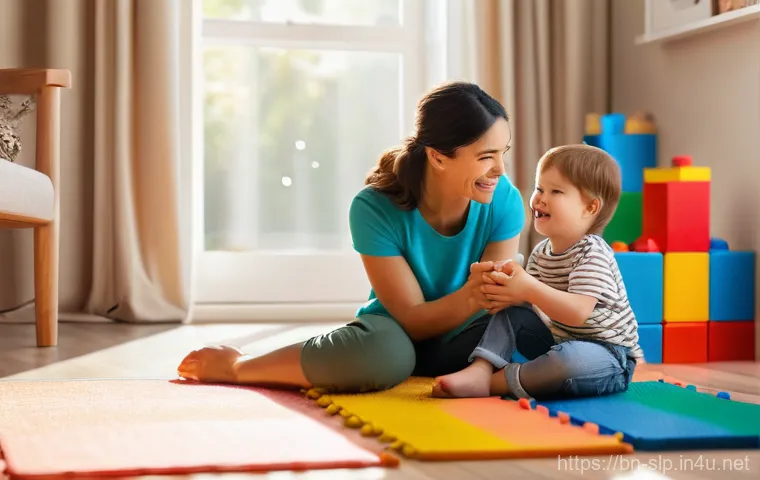 어린이의 구술 발달 - **Prompt 1: Joyful Interactive Playtime**
    A bright, warm indoor scene featuring a mother and her...