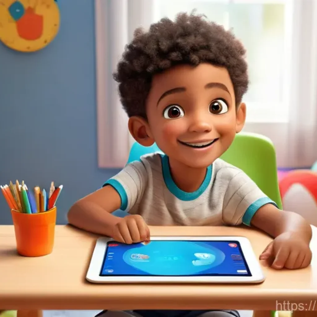 언어 치료 기술의 변화 - **Prompt:** A cheerful and diverse child, around 7 years old, wearing a comfortable t-shirt and shor...