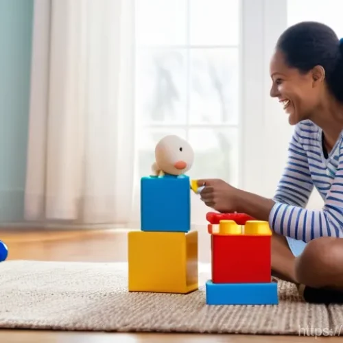 언어 장애를 가진 아동 치료 - **Image Prompt 1: Joyful Learning Through Play**
    A warm, brightly lit living room filled with so...