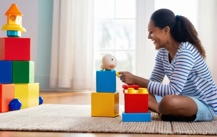 언어 장애를 가진 아동 치료 - **Image Prompt 1: Joyful Learning Through Play**
    A warm, brightly lit living room filled with so...