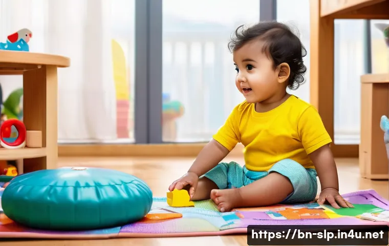 언어치료학 전공과목 - A detailed, heartwarming scene of a toddler aged around 18 months wearing a colorful diaper, sitting...