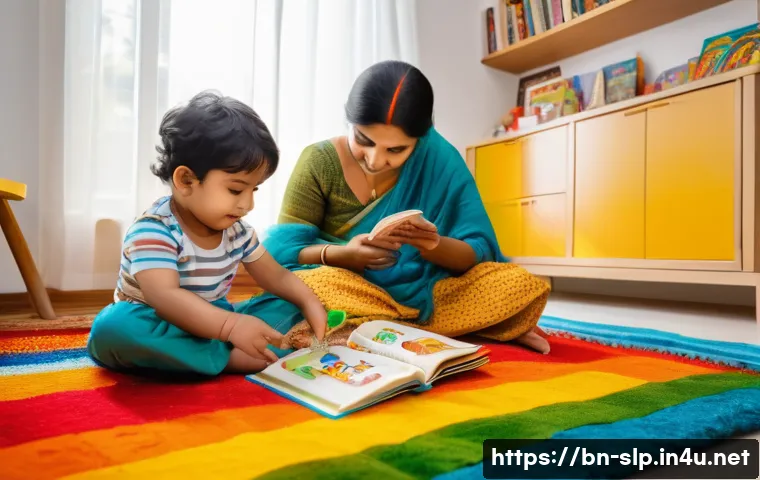 구술 발달과 치료 - A warm, cozy indoor scene showing a Bengali family engaging in language development activities with ...