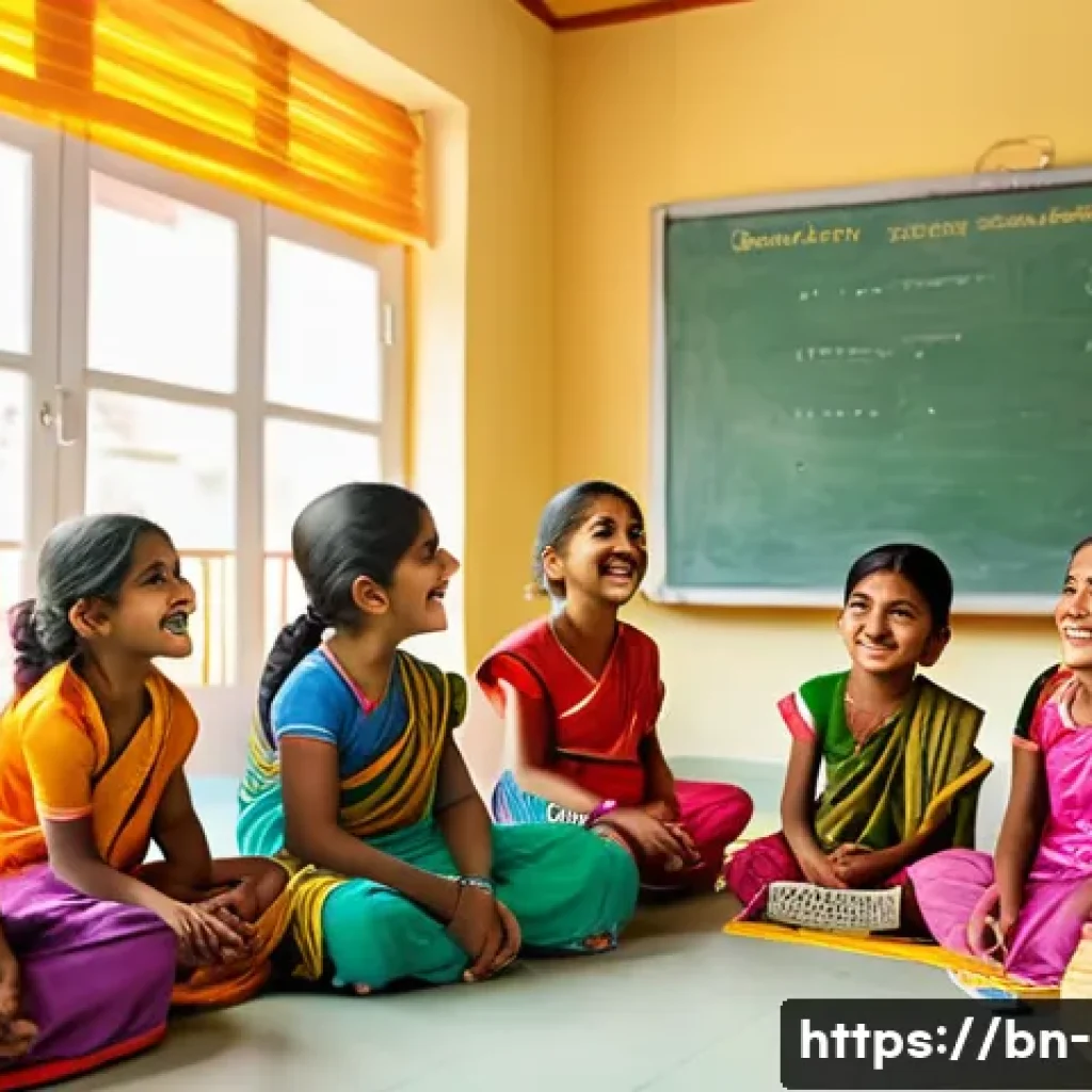 대상별 언어 평가 방법 - A bright and cheerful classroom scene showing a group of Bengali children aged 4-6 engaged in playfu...