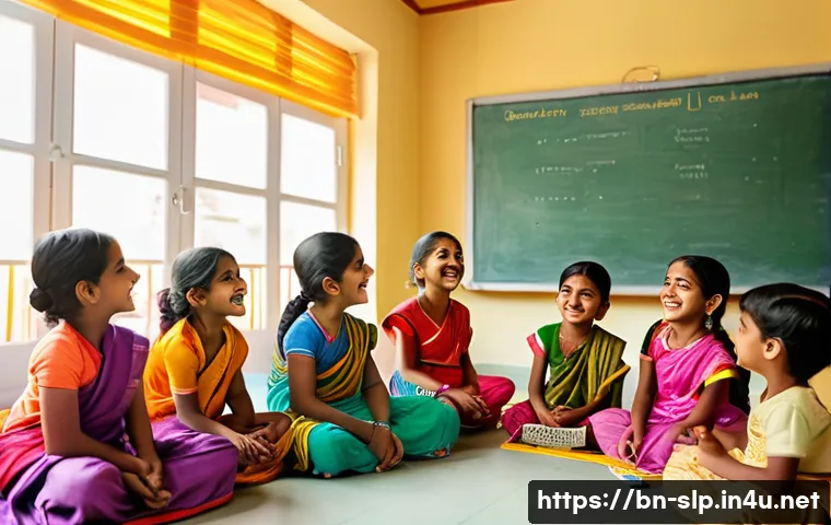 대상별 언어 평가 방법 - A bright and cheerful classroom scene showing a group of Bengali children aged 4-6 engaged in playfu...