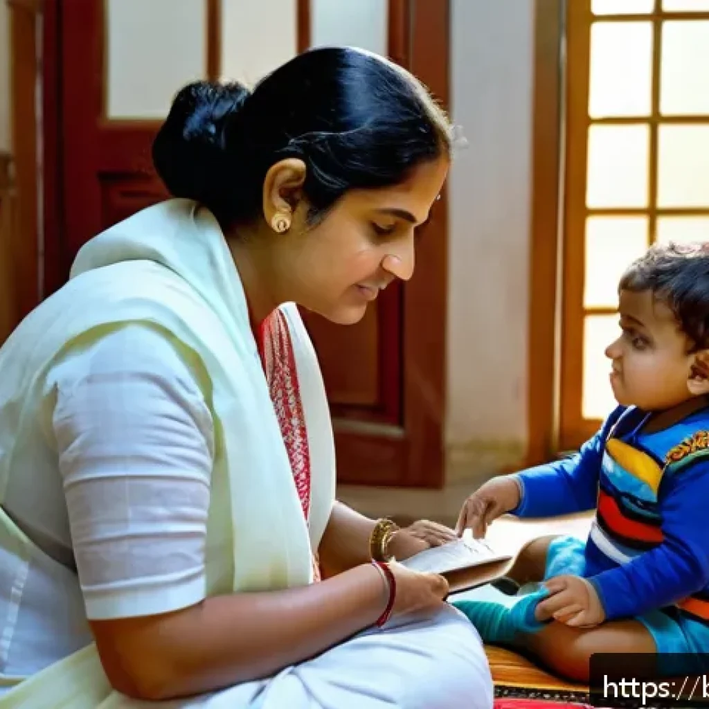 언어치료학 연구방법론 - A detailed scene of a Bengali speech therapist conducting a language assessment session with a young...