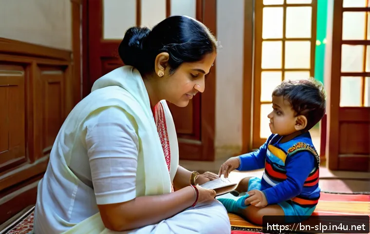 언어치료학 연구방법론 - A detailed scene of a Bengali speech therapist conducting a language assessment session with a young...