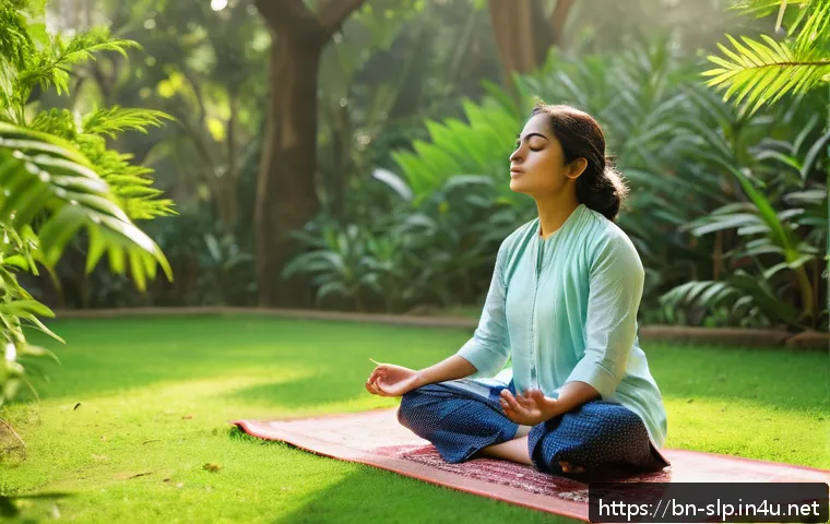 음성 치료의 기본 개념 - A serene morning scene featuring a young Bengali woman practicing deep breathing exercises in a trad...