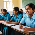 구술 및 언어 평가 - A vibrant classroom scene in Bangladesh featuring Bengali students aged around 15, wearing school un...
