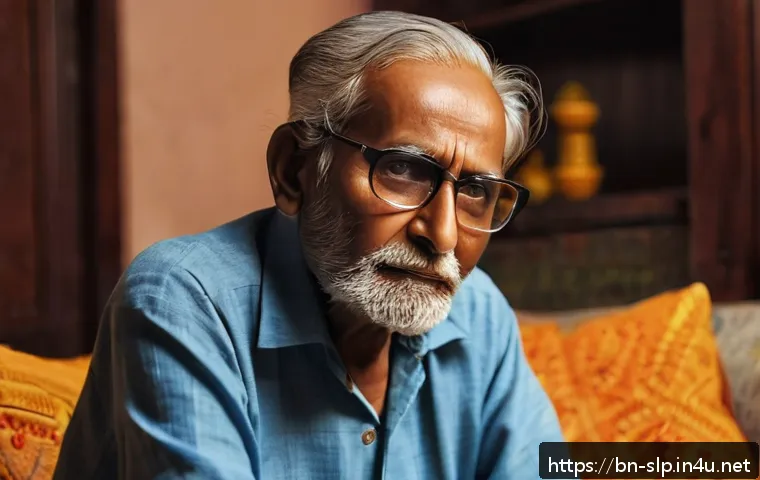 성인 언어장애 - An elderly Bengali man sitting in a cozy living room, struggling to find the right words while speak...
