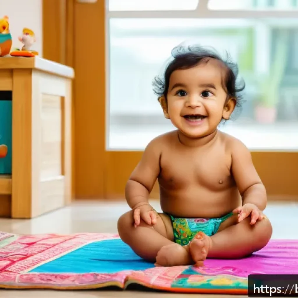 아동 언어 및 발음 치료 - A joyful Bengali toddler wearing a colorful diaper, sitting on a soft rug surrounded by vibrant pict...