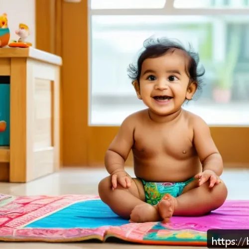 아동 언어 및 발음 치료 - A joyful Bengali toddler wearing a colorful diaper, sitting on a soft rug surrounded by vibrant pict...