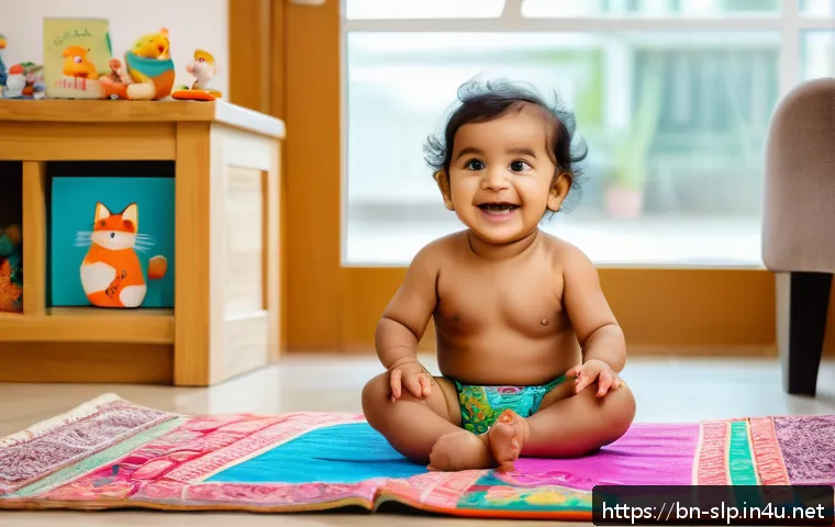 아동 언어 및 발음 치료 - A joyful Bengali toddler wearing a colorful diaper, sitting on a soft rug surrounded by vibrant pict...